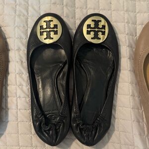 Tory Burch Black Flats with Gold Emblem